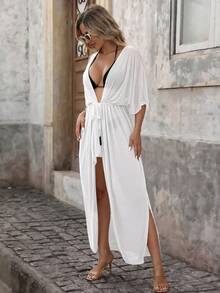 SHEIN Swim 女款素色百褶休閒度假海灘和服式罩衫 - 白色 - 查看 5