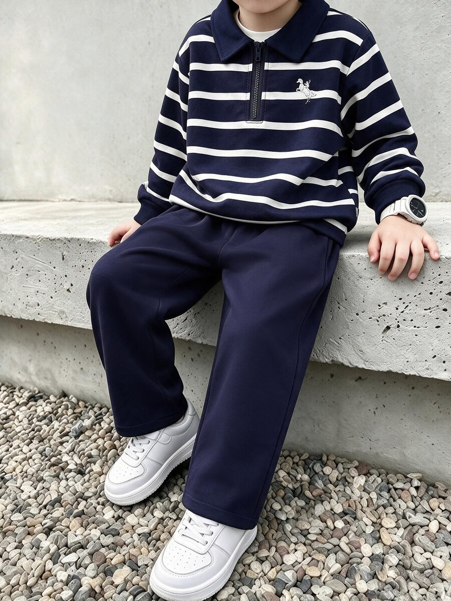 Young Boys Striped Half Zip Polo Sweatshirt Pants Set, 2pcs Casual Cartoon Eyeball Graphic Lapel Pullover Jogger Outfits Birthday - Blue - View 1
