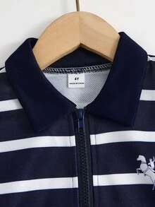 Young Boys Striped Half Zip Polo Sweatshirt Pants Set, 2pcs Casual Cartoon Eyeball Graphic Lapel Pullover Jogger Outfits Birthday - Blue - View 5