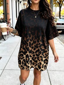 NostaNoir Women's Leopard Print Round Neck Short Sleeve Casual Loose Short Dress - Multicolor - View 5