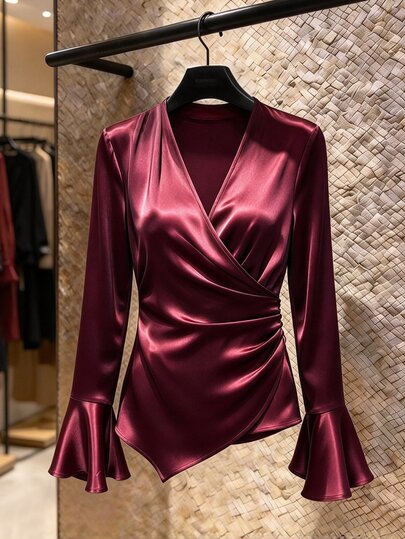 Vibekara Plus Size Burgundy Satin V-Neck Blouse Women Cinched Waist Ruched Tie-Front Flare Sleeve Slimming Elegant Sexy Top Fall New Year Party Night