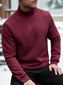 Manfinity CasualCool بلوزة رياضية رجالية كاجوال بنسيج بارز وياقة واقفة وأكمام طويلة - عنابي اللون - مشاهدة 3
