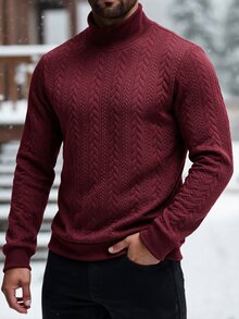 Manfinity CasualCool بلوزة رياضية رجالية كاجوال بنسيج بارز وياقة واقفة وأكمام طويلة - عنابي اللون - مشاهدة 1