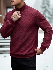 Manfinity CasualCool بلوزة رياضية رجالية كاجوال بنسيج بارز وياقة واقفة وأكمام طويلة - عنابي اللون - مشاهدة 6