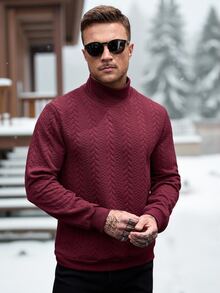 Manfinity CasualCool بلوزة رياضية رجالية كاجوال بنسيج بارز وياقة واقفة وأكمام طويلة - عنابي اللون - مشاهدة 5