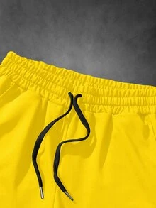 Manfinity Roghcode Men's Casual Solid Color Drawstring Waist Summer Shorts - Yellow - View 5
