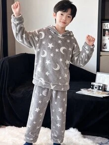 SHEIN Little Byeori Tween Boy Autumn/Winter Moon Pattern Hooded Long Sleeve Top & Pajama Pants Soft Comfortable Skin-Friendly Fleece Pajama Set 2pcs Kids - Baby Blue - View 4