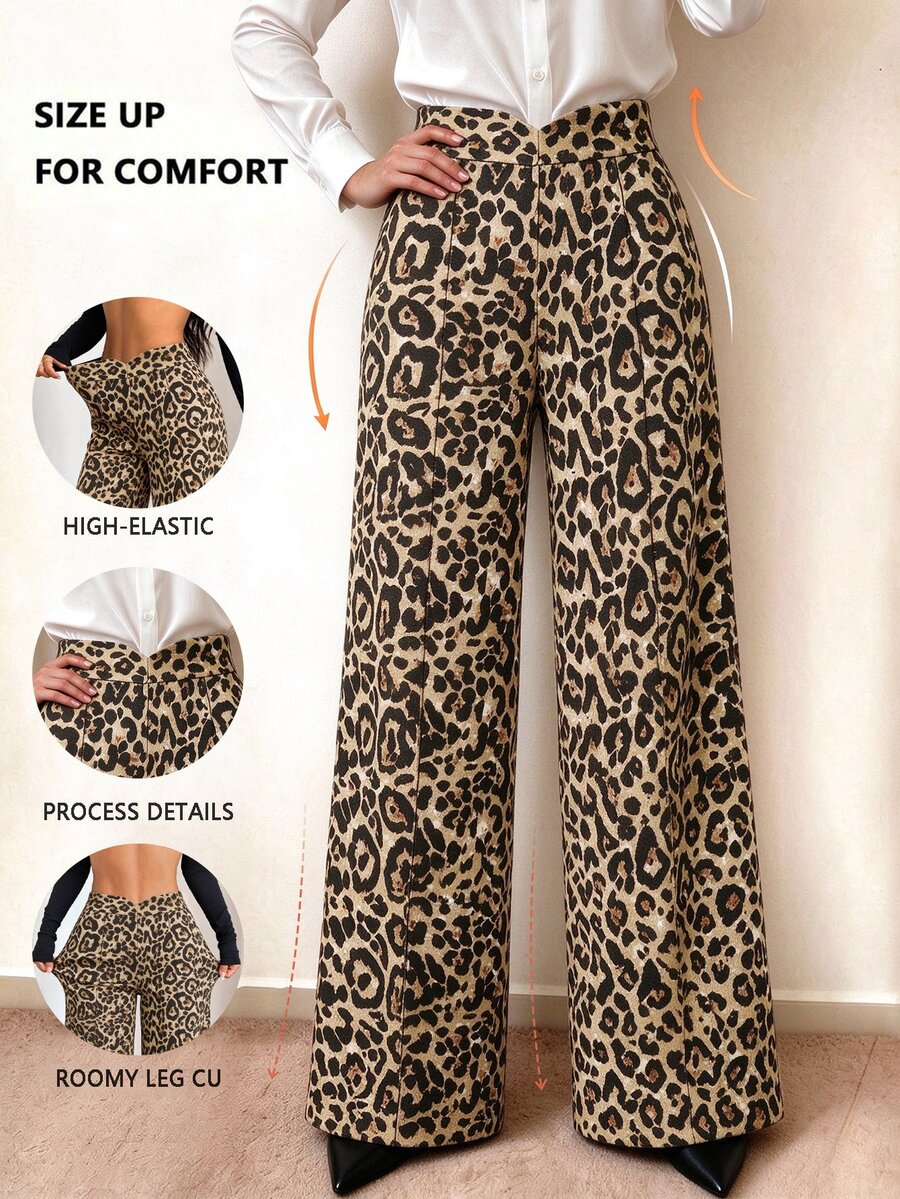 Elenzga Plus Size Women Leopard Print Casual Versatile Daily Wear Long Pants - Multicolor - View 1