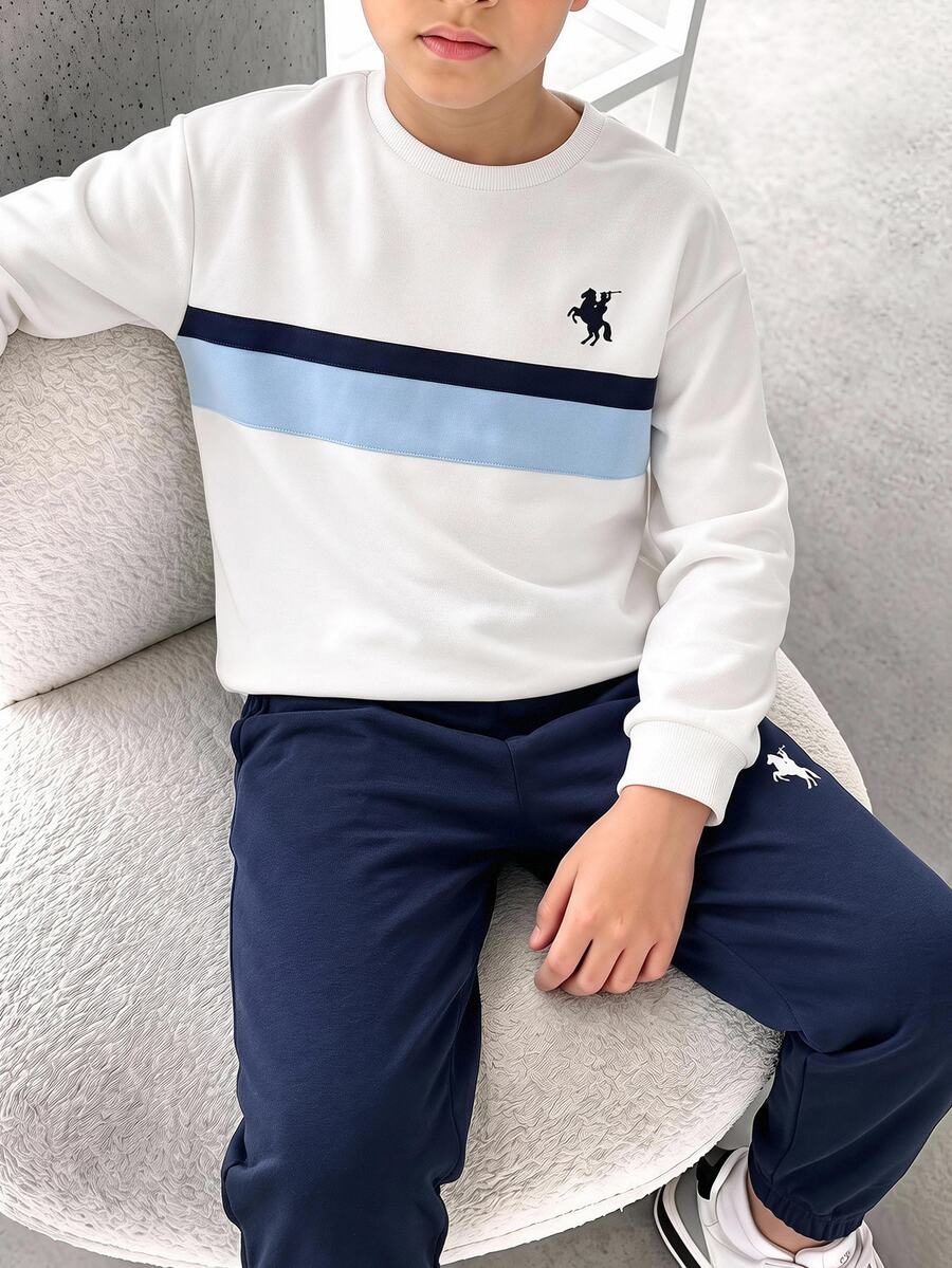 SHEIN 2pcs Kids Tween Boy Casual Minimalist Long Sleeve Hooded Comfortable Sweatshirt Set, Classic Retro Color Block Patchwork Graphic Print, Suitable For School, Back To School Season