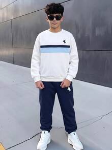 SHEIN 2pcs Kids Tween Boy Casual Minimalist Long Sleeve Hooded Comfortable Sweatshirt Set, Classic Retro Color Block Patchwork Graphic Print, Suitable For School, Back To School Season - White - View 3