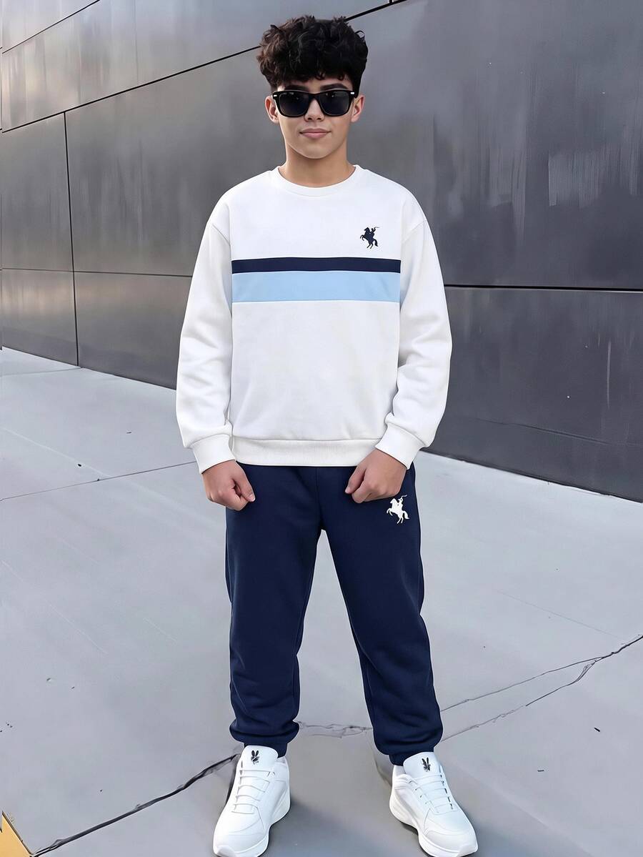 SHEIN 2pcs Kids Tween Boy Casual Minimalist Long Sleeve Hooded Comfortable Sweatshirt Set, Classic Retro Color Block Patchwork Graphic Print, Suitable For School, Back To School Season