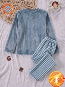Tween Boy Contrast Pocket Plaid Long Sleeve Pants Thermal Lined Thick Warm Pajama Set Fall Fleece-Lined Christmas Night Home Blue And White Striped - Blue - View 2