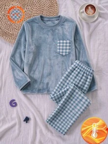 Tween Boy Contrast Pocket Plaid Long Sleeve Pants Thermal Lined Thick Warm Pajama Set Fall Fleece-Lined Christmas Night Home Blue And White Striped - Blue - View 5