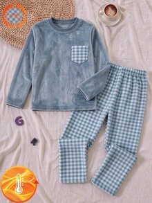 Tween Boy Contrast Pocket Plaid Long Sleeve Pants Thermal Lined Thick Warm Pajama Set Fall Fleece-Lined Christmas Night Home Blue And White Striped - Blue - View 7