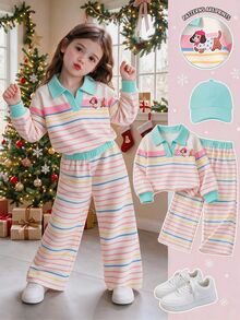 SHEIN Young Girl Fashion Casual Leopard Print Horse Riding Print Lapel V-Neck Long Sleeve Sweatshirt & Leopard Print Wide Leg - Multicolor - View 3