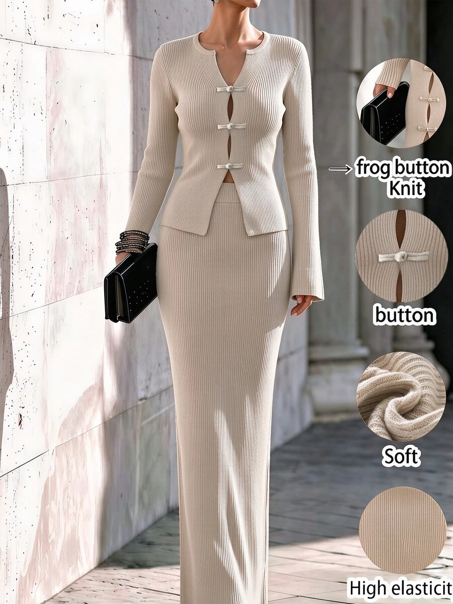 SHEIN Women's Round Neck Frog Button Long Sleeve Sweater Set, New Chinese Style Knitted Autumn/Winter Clothing, Autumn/Winter Oatmeal Color Slim Fit Fashionable Sweater 2 Pieces Set - Apricot - View 1