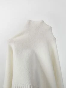 SHEIN 秋冬慵懶時尚女款不對稱下擺V領針織衫，泡泡袖落肩寬鬆版型 - 杏色 - 查看 6