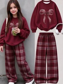 青少年女孩 2 件組 酒紅色格紋字母印花蝴蝶結長袖圓領套頭衛衣與寬腿褲套裝，紅色上衣，冬季穿搭 - 彩色 - 查看 1