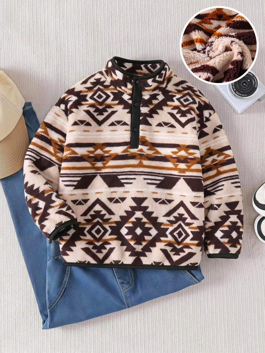 SHEIN 男童 Fair Isle 抓絨拉鍊外套/運動衫,秋冬款,柔軟舒適保暖,時尚百搭 - 彩色 - 查看 1