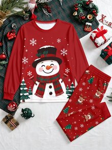 Manfinity Homme 男士雪人圖案長袖上衣與長褲家居服套裝，適合居家休閒，情侶穿搭 - 紅色 - 查看 2