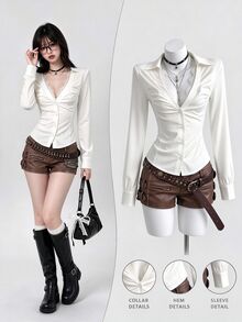 Elamini Sexy Black Deep V-Neck Lace Collar Slim Fit Long Sleeve Blouse - Light Yellow - View 1