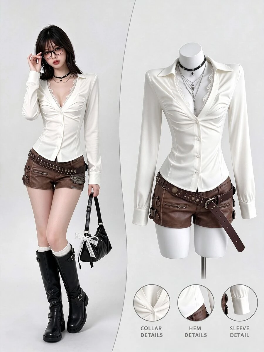 Elamini Sexy Black Deep V-Neck Lace Collar Slim Fit Long Sleeve Blouse - Light Yellow - View 1
