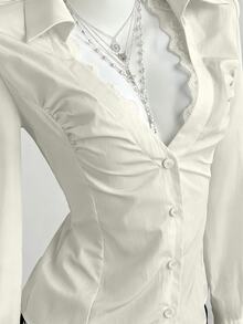 Elamini Sexy Black Deep V-Neck Lace Collar Slim Fit Long Sleeve Blouse - Light Yellow - View 5