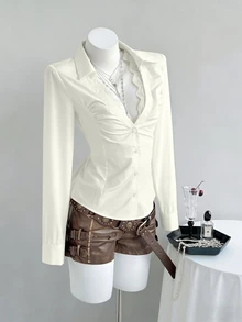 Elamini Sexy Black Deep V-Neck Lace Collar Slim Fit Long Sleeve Blouse - Light Yellow - View 6