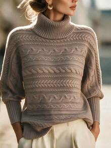 SHEIN Taupe Slouchy Turtleneck Cable Knit Sweater For Women Everyday Going Out Autumn Casual - Mocha Brown - View 3