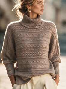 SHEIN Taupe Slouchy Turtleneck Cable Knit Sweater For Women Everyday Going Out Autumn Casual - Mocha Brown - View 1