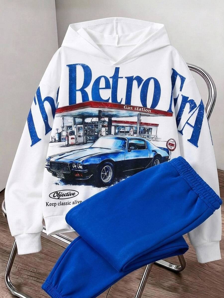 SHEIN Kids Tween Boy Casual Sports Street Style Racing Graphic Pullover Sweatshirt Pullover Sweatshirt & Long Pants Set, Suitable For Commuting, School, Daily Casual Outings, Sports, Autumn/Winter - Blue - View 1