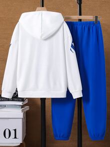 SHEIN Kids Tween Boy Casual Sports Street Style Racing Graphic Pullover Sweatshirt Pullover Sweatshirt & Long Pants Set, Suitable For Commuting, School, Daily Casual Outings, Sports, Autumn/Winter - Blue - View 3