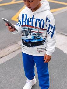 SHEIN Kids Tween Boy Casual Sports Street Style Racing Graphic Pullover Sweatshirt Pullover Sweatshirt & Long Pants Set, Suitable For Commuting, School, Daily Casual Outings, Sports, Autumn/Winter - Blue - View 4