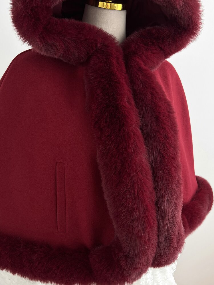 Elamini Autumn/Winter Cute Sweet Burgundy Versatile Faux Fur Cape Coat - Burgundy - View 4