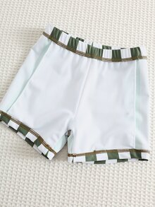 SHEIN 兒童小男孩 2件組 親子口號長袖上衣與條紋短褲分開式泳裝套裝，防曬泳衣，沙灘褲，泳褲，幼兒泳裝，適合沙灘度假游泳沙灘 - 綠色 - 查看 8