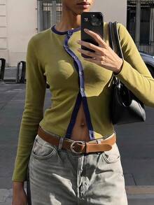 Maija Green Autumn/Winter Women's Cardigan With Blue Contrast Trim, Asymmetrical Placket, Holiday Urban Style - Green - View 1