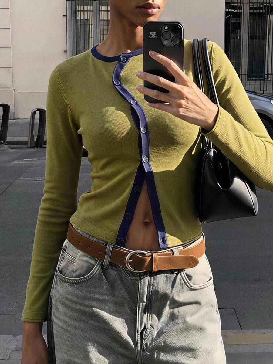 Maija Green Autumn/Winter Women's Cardigan With Blue Contrast Trim, Asymmetrical Placket, Holiday Urban Style - Green - View 1