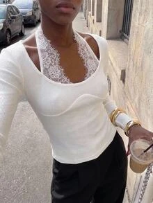 Maija Cream White Women's Knitted Top With Lace Patchwork, Long Sleeve, Fitted Waist, Suitable For Autumn/Winter Party - Beige - View 3