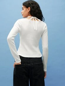 Maija Cream White Women's Knitted Top With Lace Patchwork, Long Sleeve, Fitted Waist, Suitable For Autumn/Winter Party - Beige - View 7