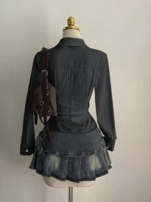 Mori Grove Mori Grove Sexy Collared Side Lace-Up Waist Slim Fit Long Sleeve Blouse For Women - Dark Grey - View 2