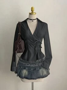 Mori Grove Mori Grove Sexy Collared Side Lace-Up Waist Slim Fit Long Sleeve Blouse For Women - Dark Grey - View 3