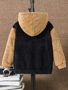 SHEIN 兒童小男孩抓絨拼接撞色秋季運動衫，冬季 80 年代校園返校 Y2K 街頭風復古休閒款 - 黑色 - 查看 4