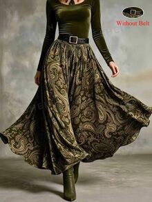 Glimmora Women's Vintage Elegant Full Floral Print Pocket Elastic Waist Long Skirt, Summer/ Party Olive Green - Green - View 5