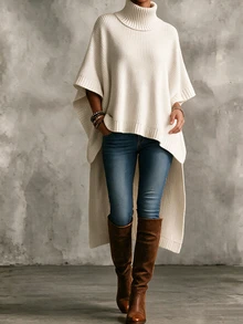 SHEIN Turtleneck Knit Cape Poncho, Sleeveless Loose Luxe Knit Top - Beige - View 8