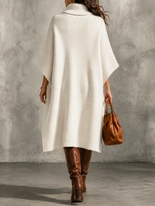 SHEIN Turtleneck Knit Cape Poncho, Sleeveless Loose Luxe Knit Top - Beige - View 3