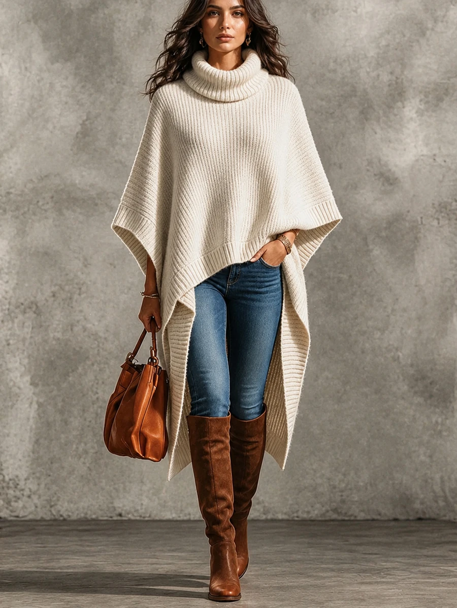 SHEIN Turtleneck Knit Cape Poncho, Sleeveless Loose Luxe Knit Top - Beige - View 1