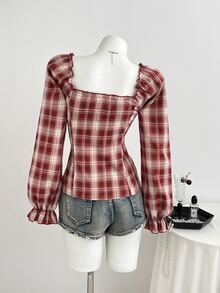 Mori Grove Mori Grove Sweet Sexy Style Bow Lace Patchwork Square Neck Plaid Petal Sleeve Long Sleeve Blouse - Red - View 2