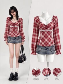 Mori Grove Mori Grove Sweet Sexy Style Bow Lace Patchwork Square Neck Plaid Petal Sleeve Long Sleeve Blouse - Red - View 1