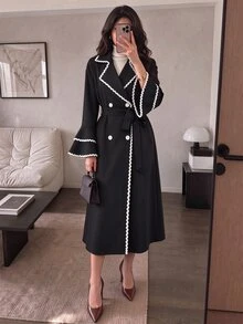 Seusyu Designer Contrast Color Webbing Long Sleeve Tie Cinched Waist Mid-Length Elegant Women's Regular Jacket, Autumn/Winter - Black - View 1