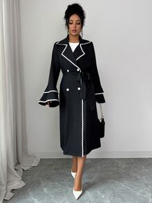 Seusyu Designer Contrast Color Webbing Long Sleeve Tie Cinched Waist Mid-Length Elegant Women's Regular Jacket, Autumn/Winter - Black - View 5